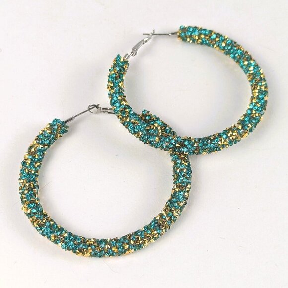 Jewelry - Turquoise & Gold Large Sparkly Hoop Earrings